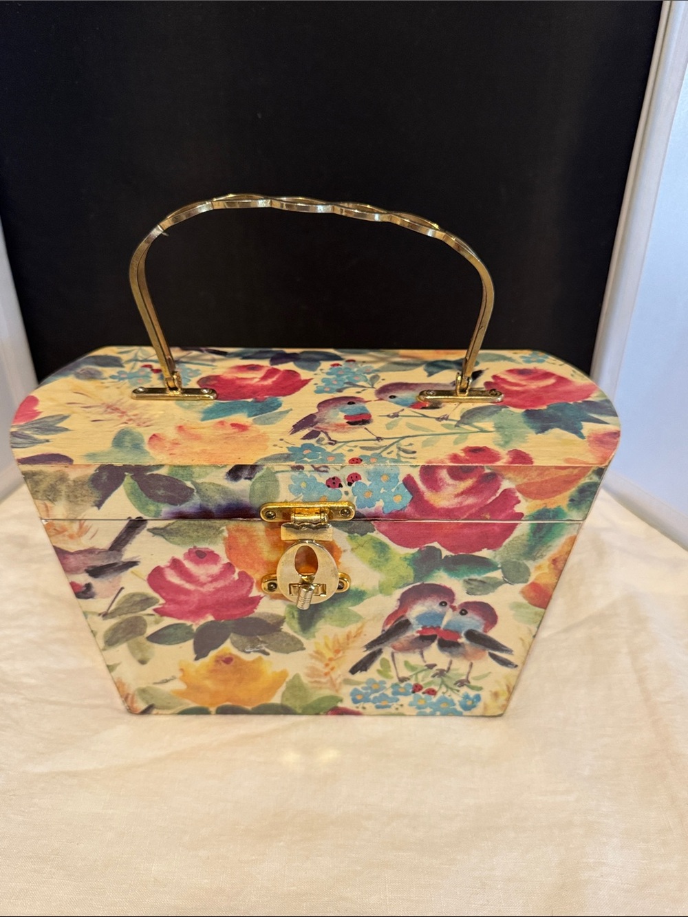 Vintage 1975 handmade Floral Print Top-Handle Box Bag with Gold Hardware